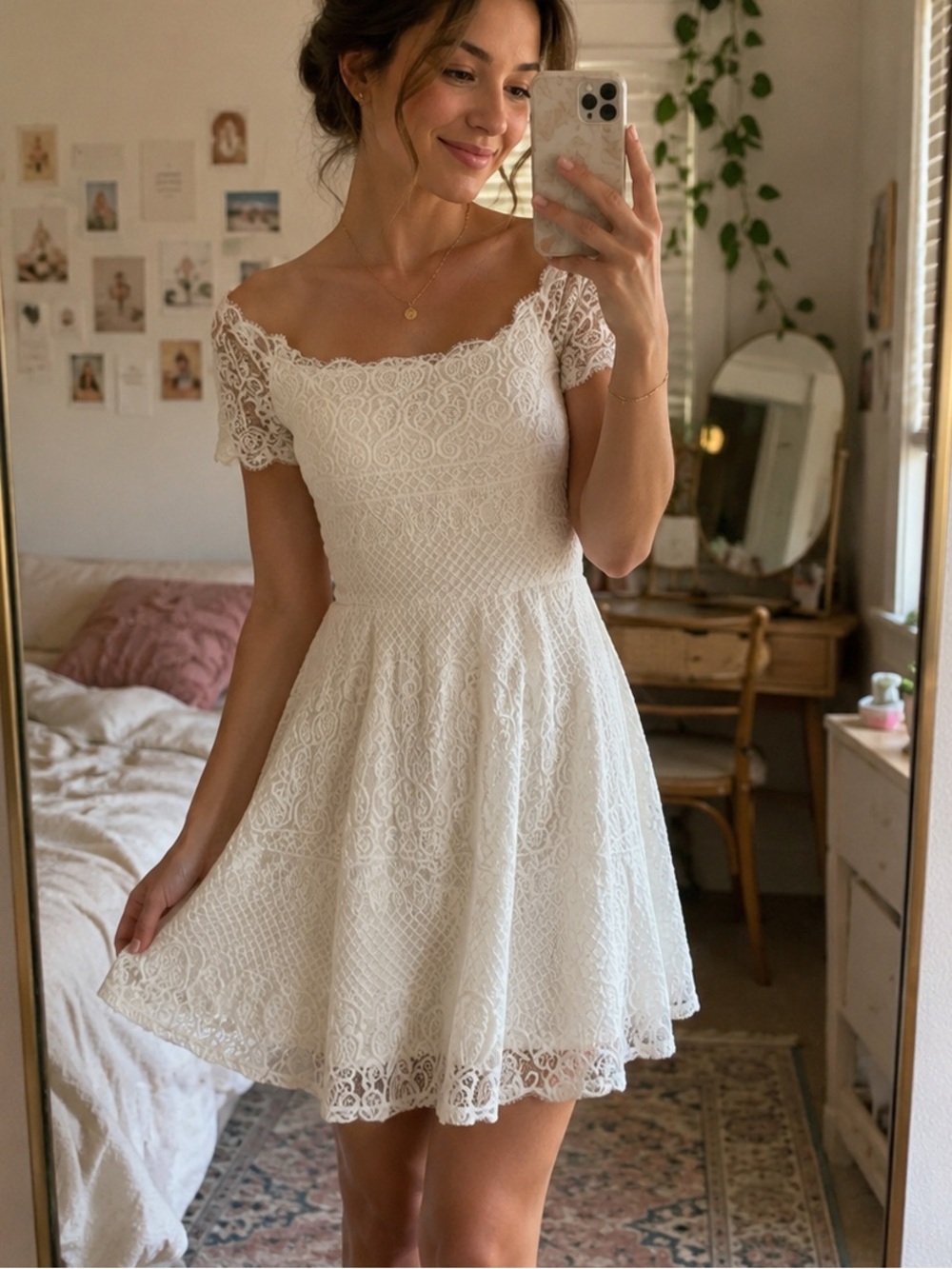 Rewind Cream Lace Off-Shoulder Fit & Flare Mini Dress